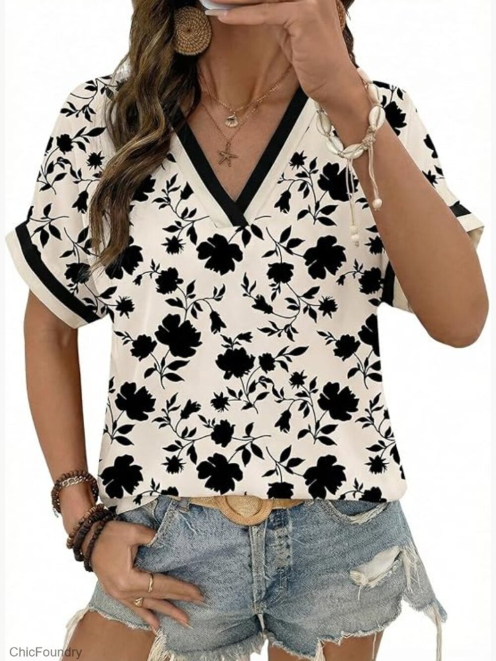 Viscose V-Neck Floral T-Shirt Loose Fit Short Sleeve Casual Top